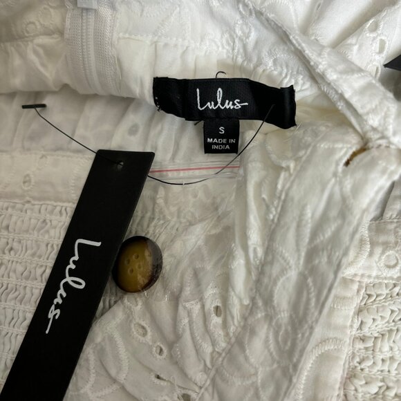 NWT Lulus Sweet Bliss White Eyelet Ruffled Backless Mini Dress Small - Picture 9 of 10